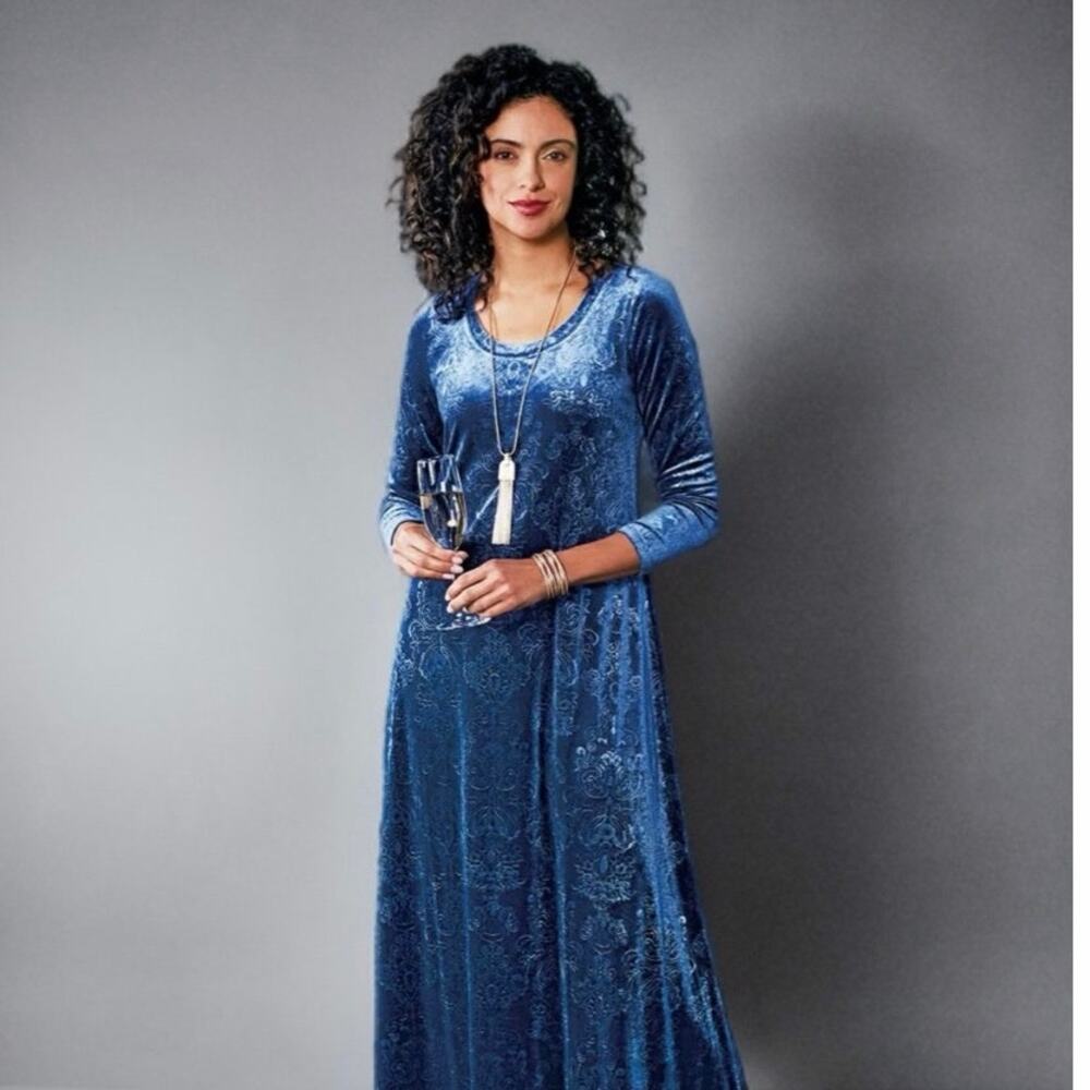 Soft Surroundings Blue Embossed Velvet Maxi Dress Size L NWT